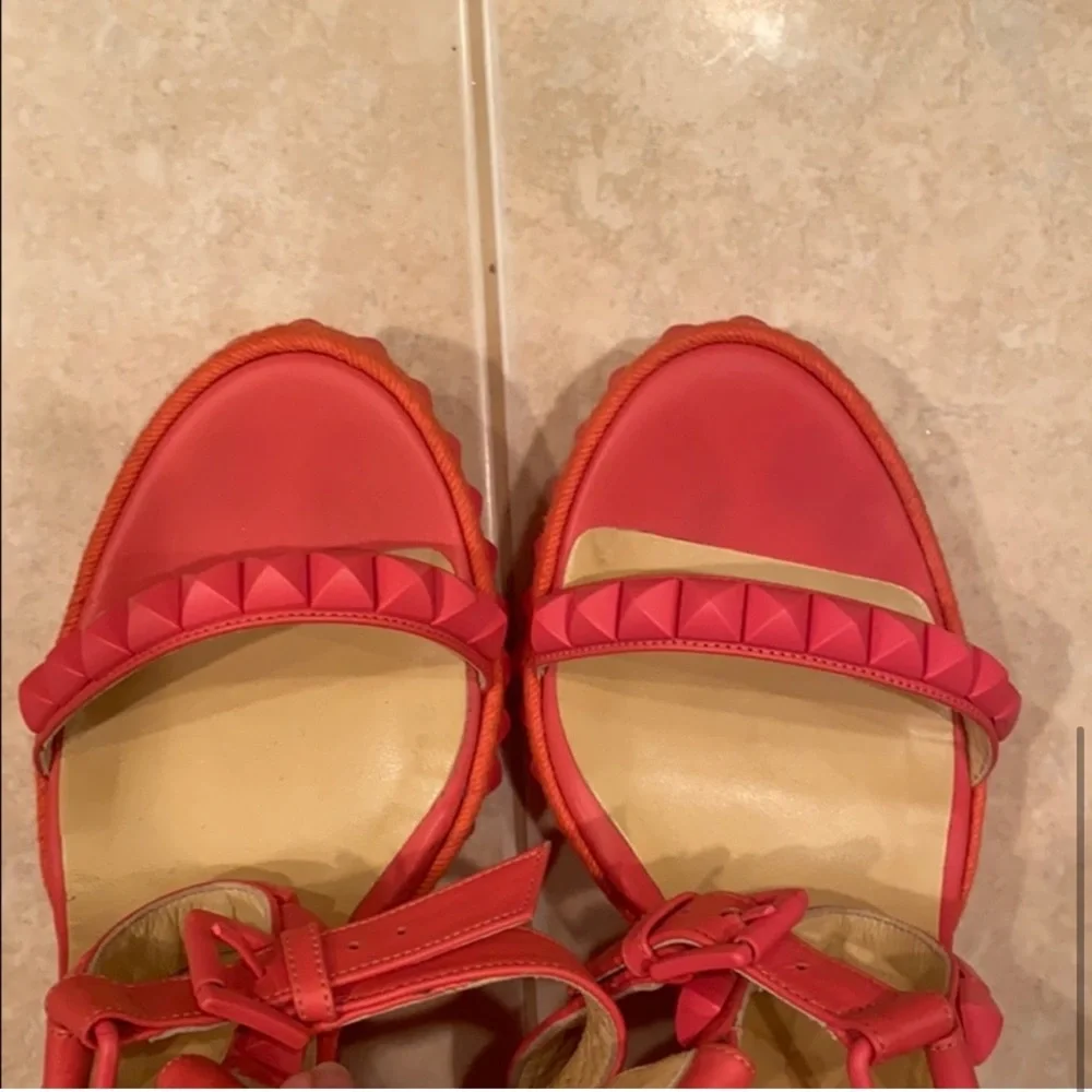 Christian Louboutin Pink and Orange Studded Espadrille Wedge Sandals